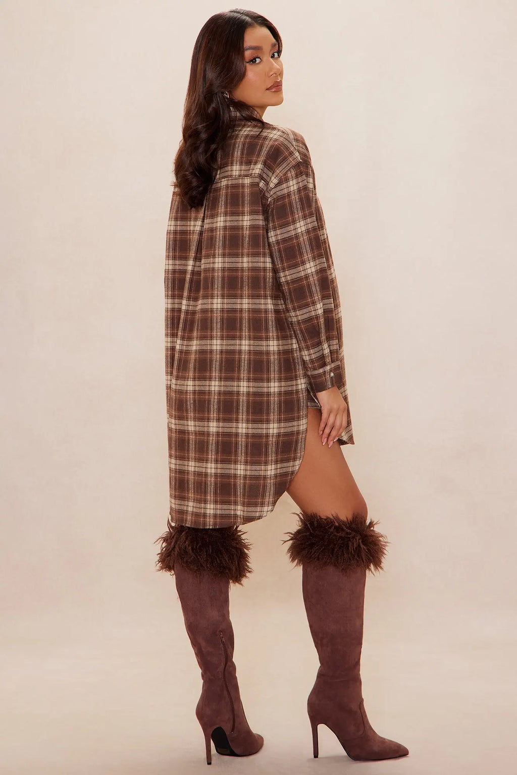 Wrapped In You Plaid Button Up Short Set - Brown 