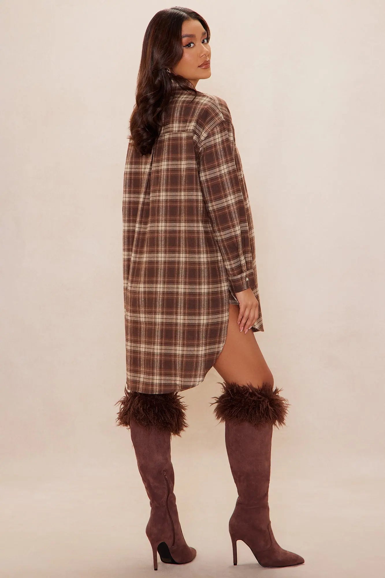 Wrapped In You Plaid Button Up Short Set - Brown 