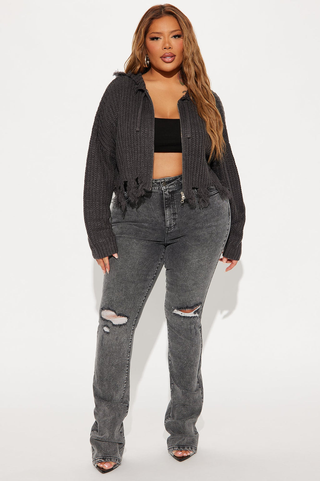 Emery Distressed Cropped Cardigan Sweater - Charcoal