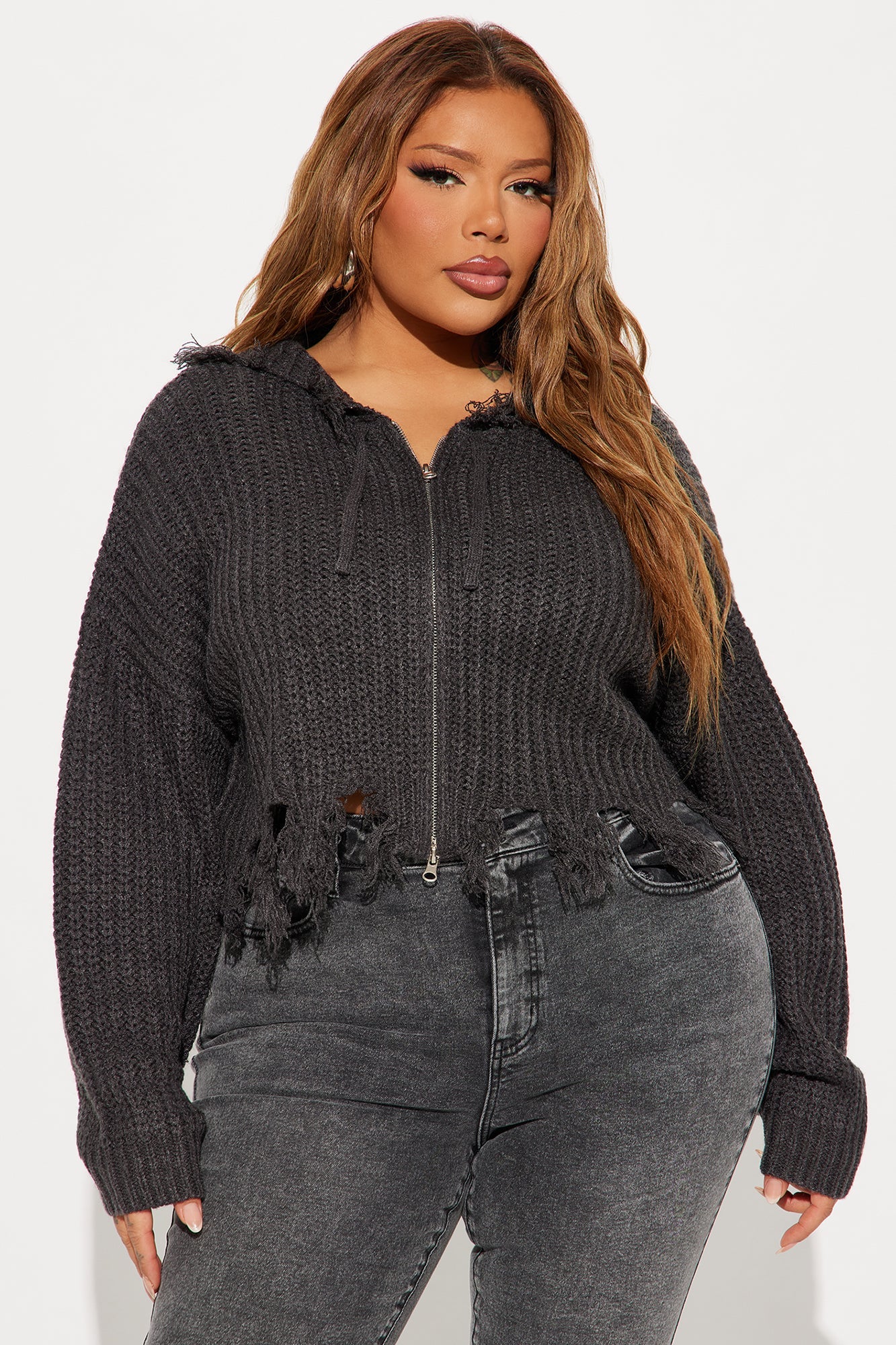 Emery Distressed Cropped Cardigan Sweater - Charcoal