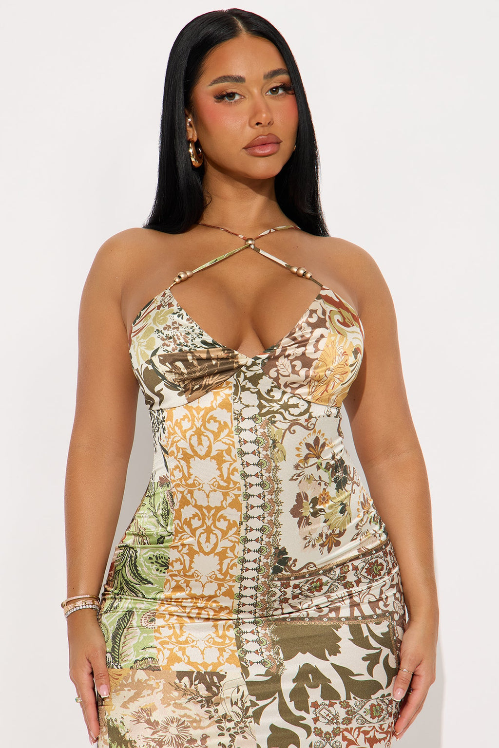 Selah Beaded Mixed Print Maxi Dress - Mustard/combo