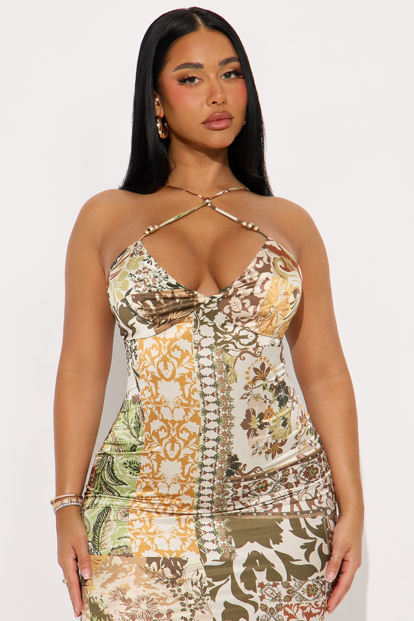 Selah Beaded Mixed Print Maxi Dress - Mustard/combo