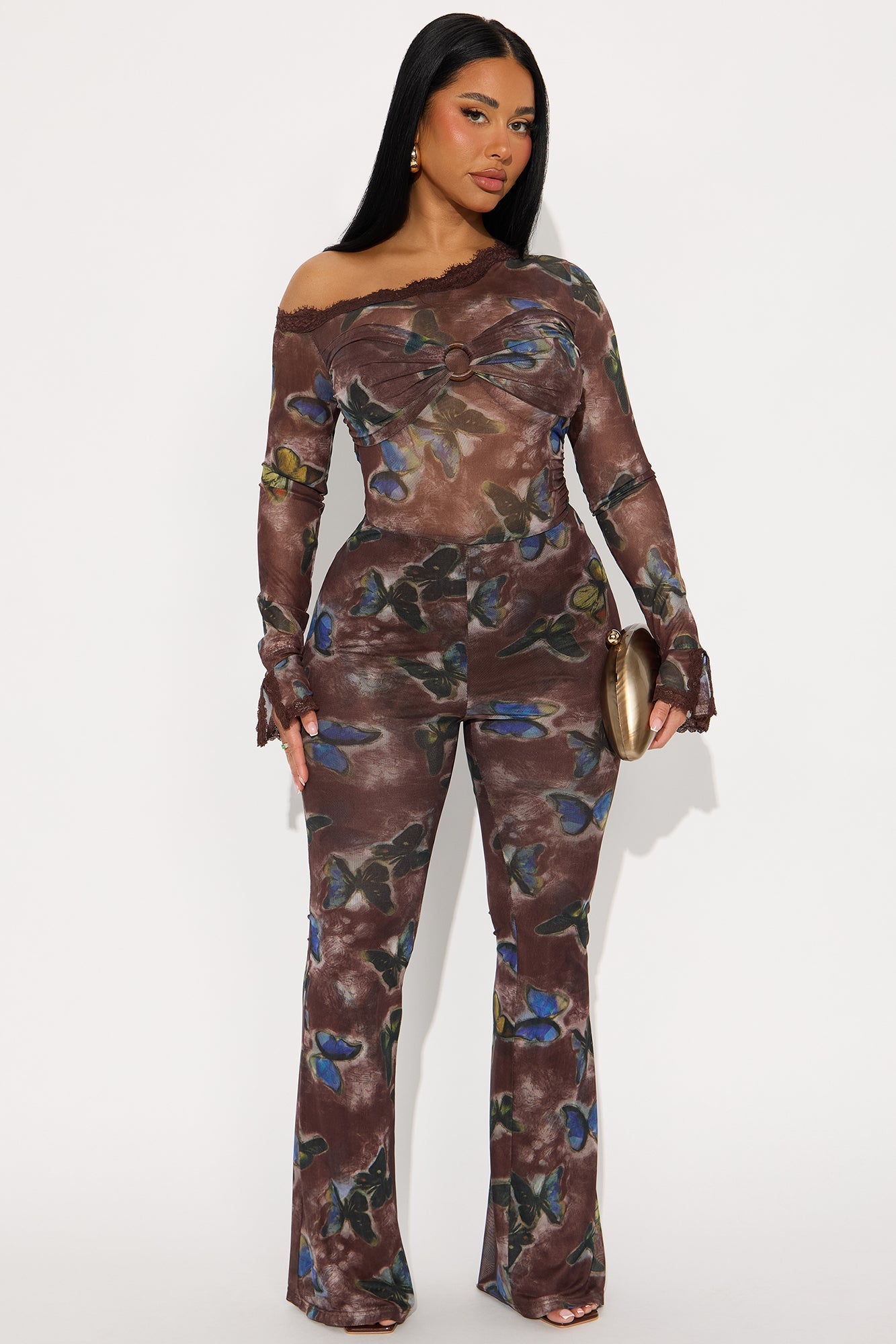 Sweet & Sexy Mesh Flare Jumpsuit - Brown/combo