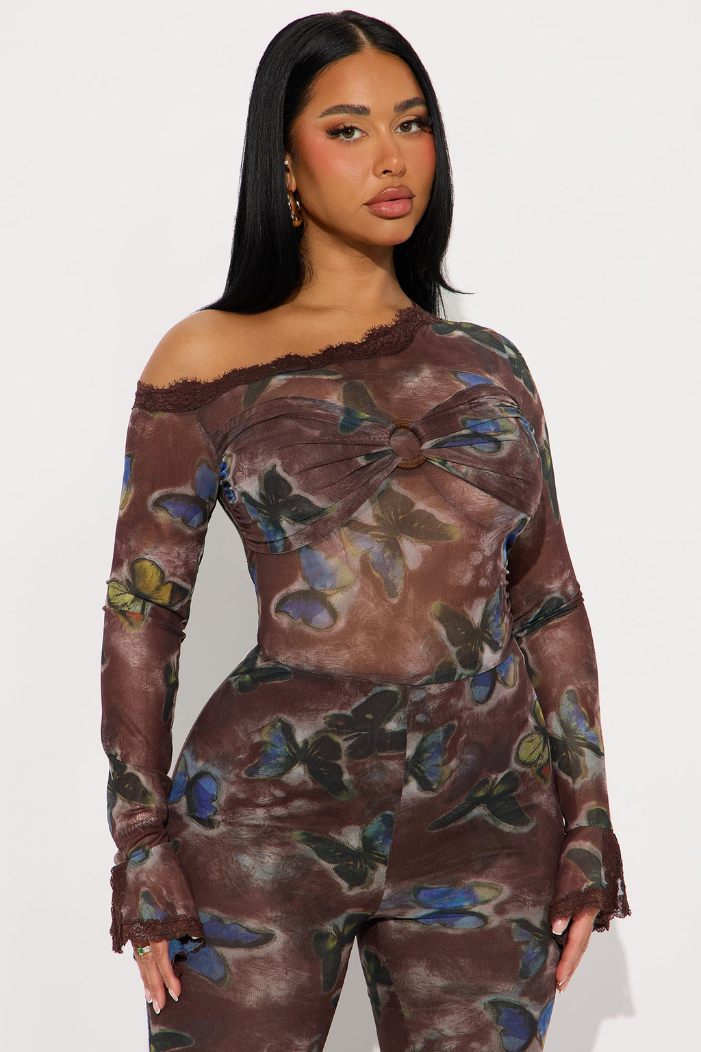 Sweet & Sexy Mesh Flare Jumpsuit - Brown/combo