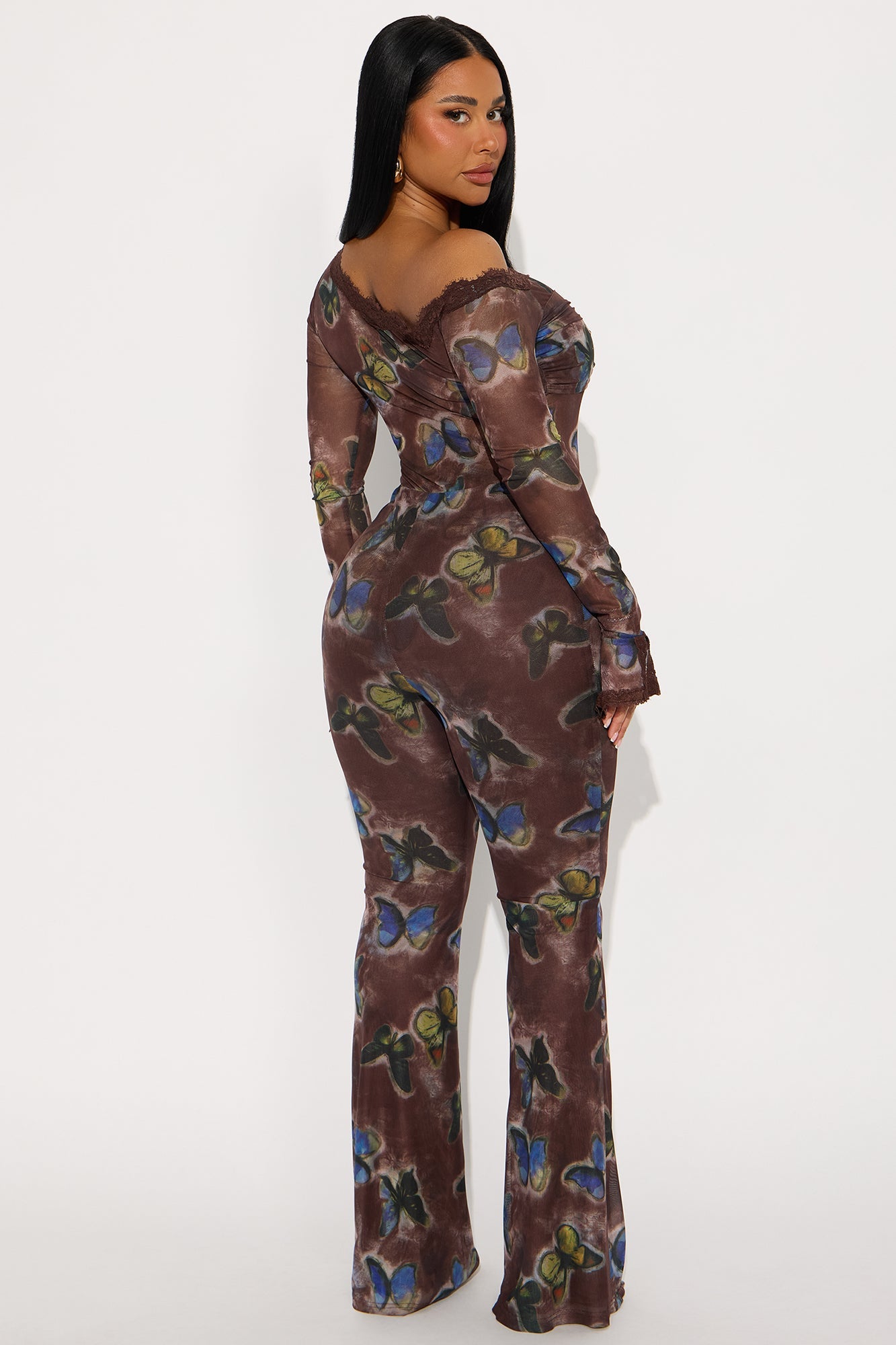 Sweet & Sexy Mesh Flare Jumpsuit - Brown/combo