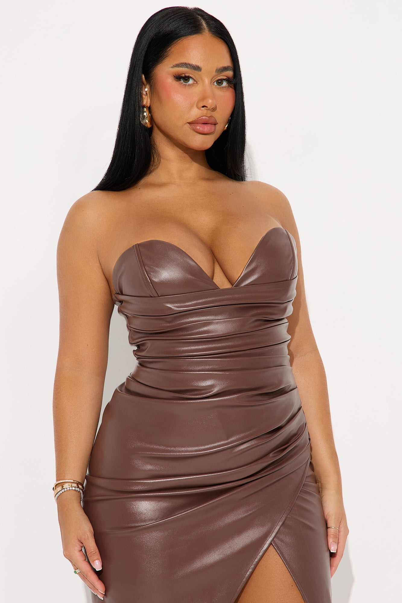 Corrine Ruched Faux Leather Midi Dress - Brown