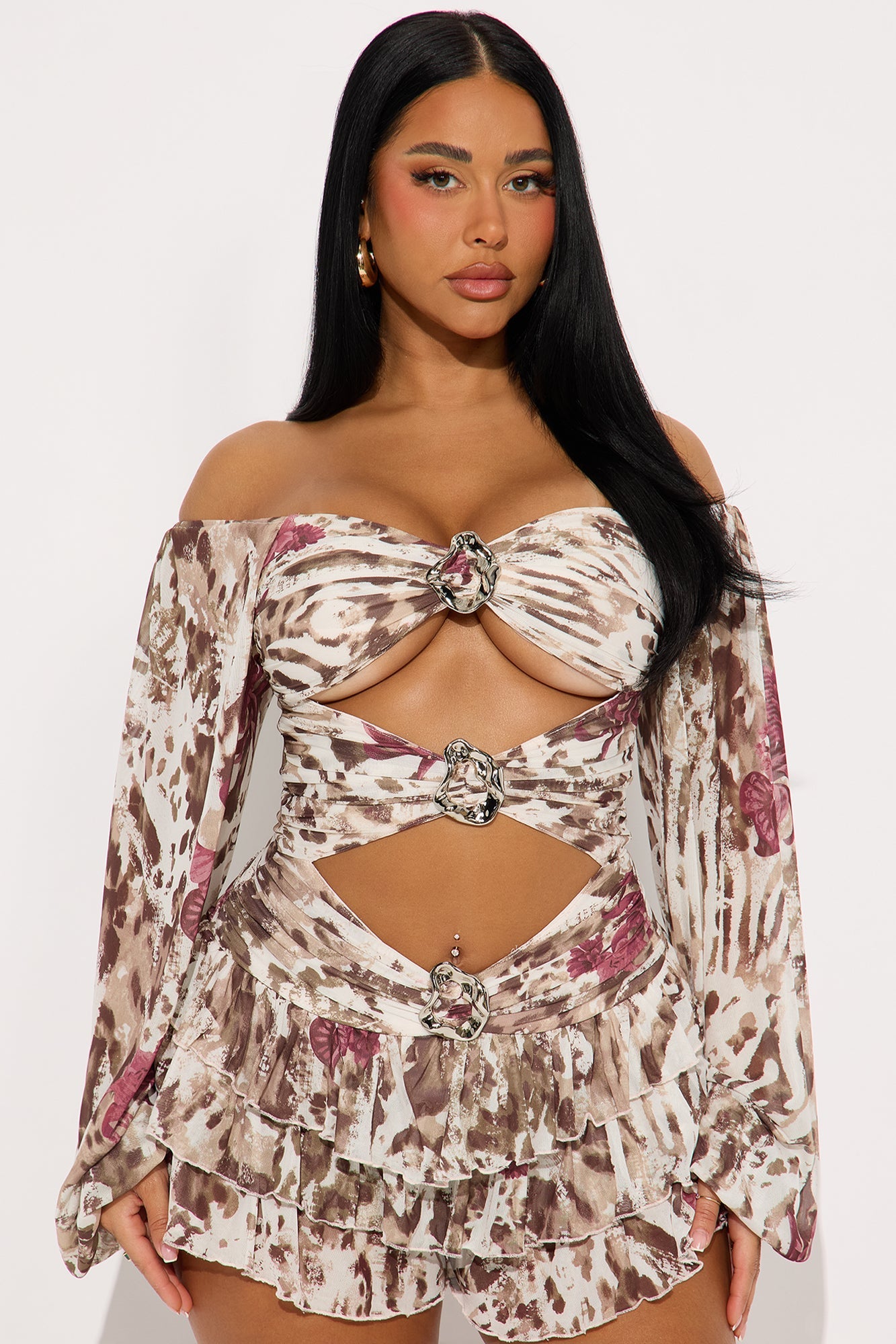 Holly Mesh Off Shoulder Romper - Brown/combo