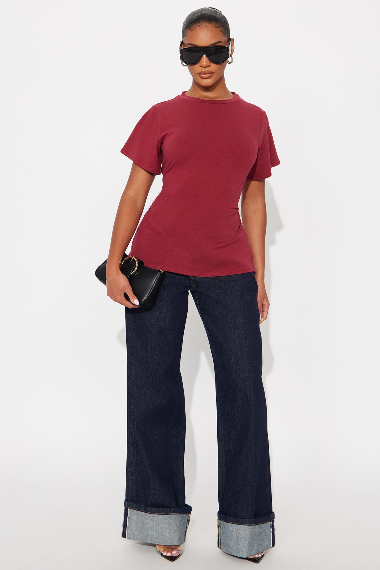 Simply Me Ruched Short Sleeve T-Shirt - Burgundy