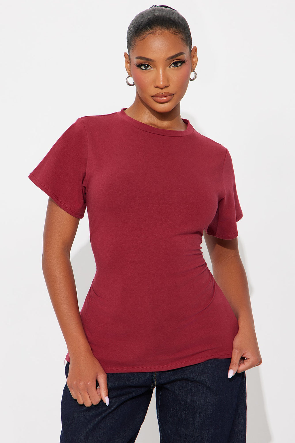 Simply Me Ruched Short Sleeve T-Shirt - Burgundy