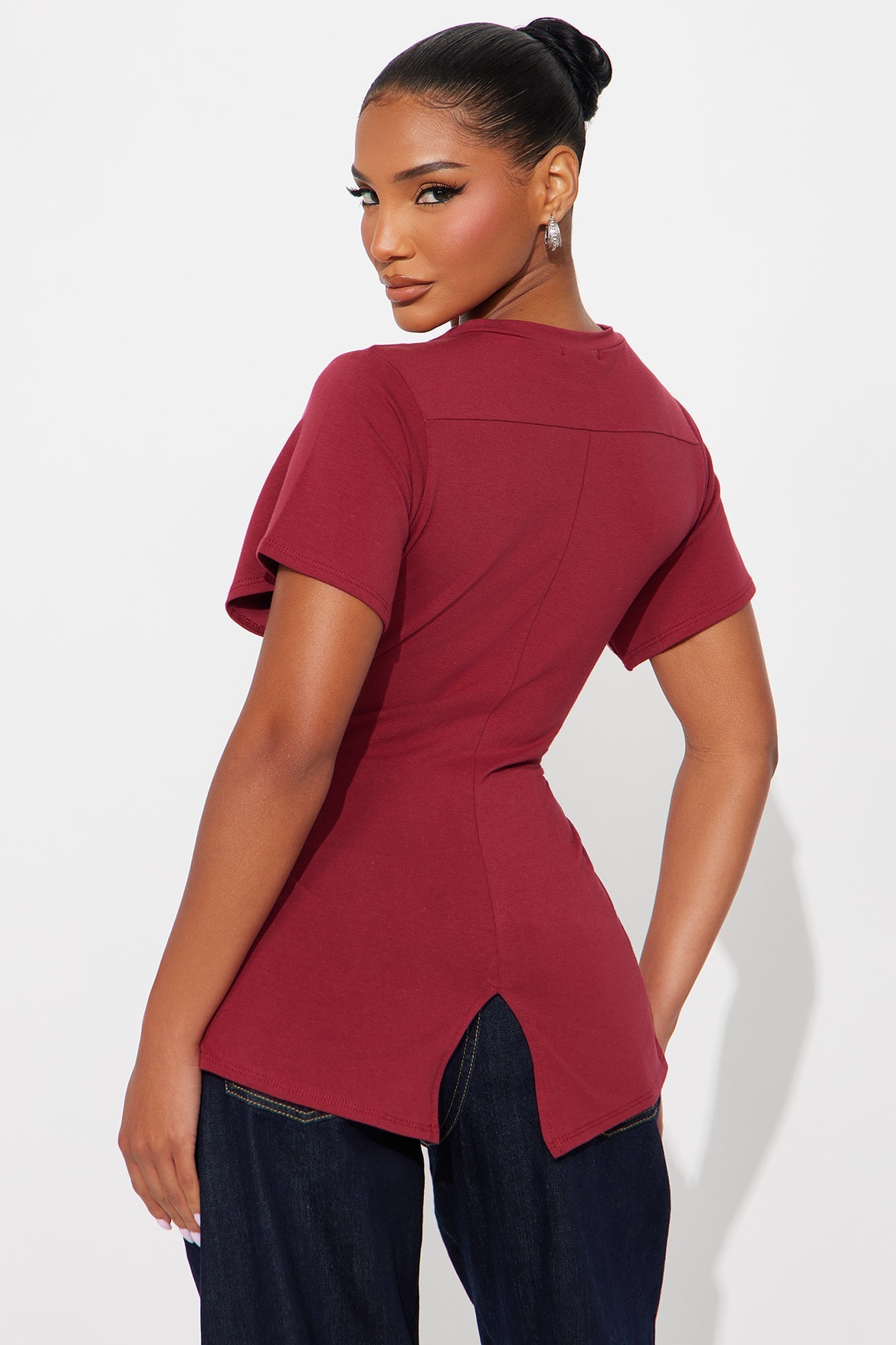 Simply Me Ruched Short Sleeve T-Shirt - Burgundy