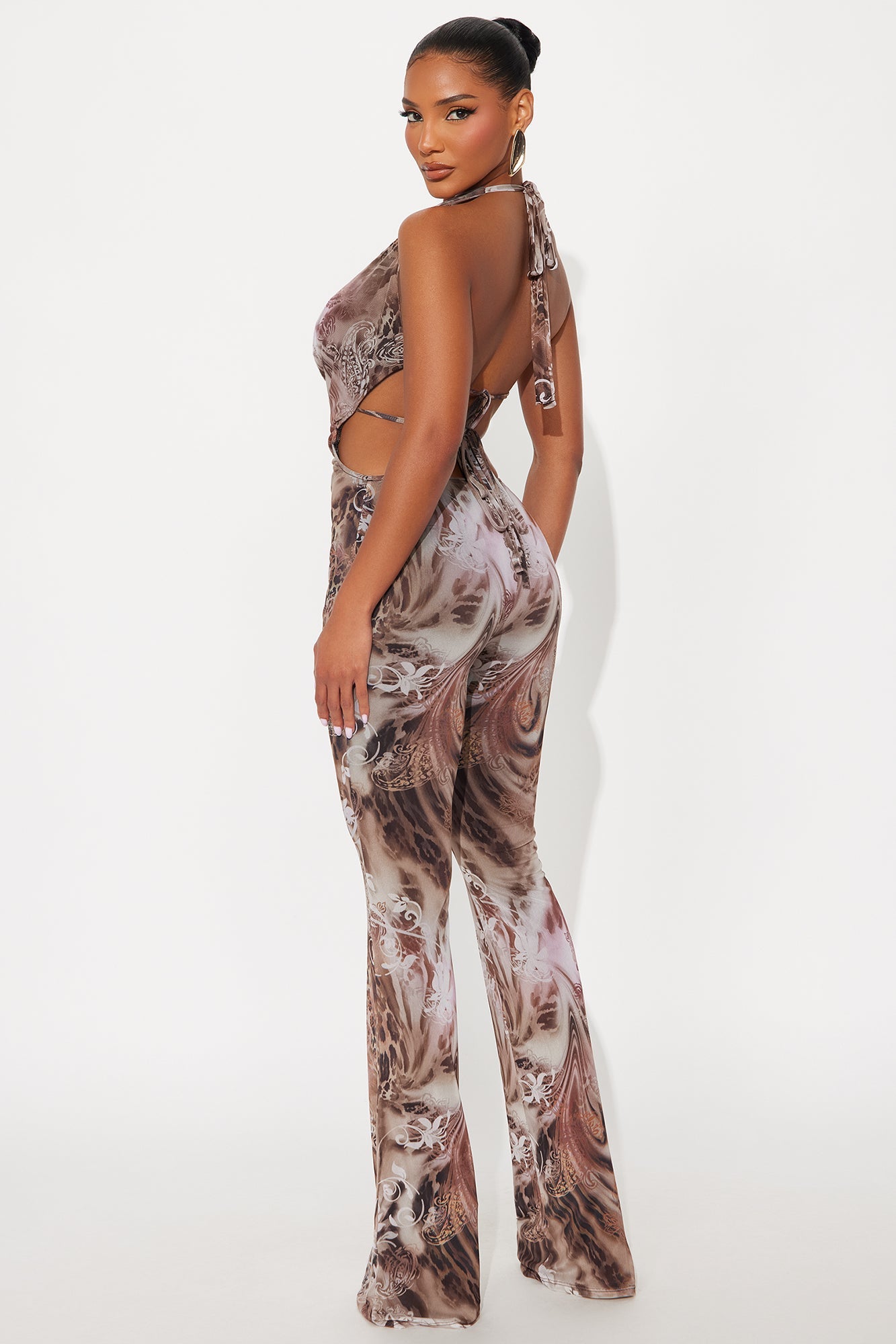 Sonia Mesh Flared Jumpsuit - Brown Combo