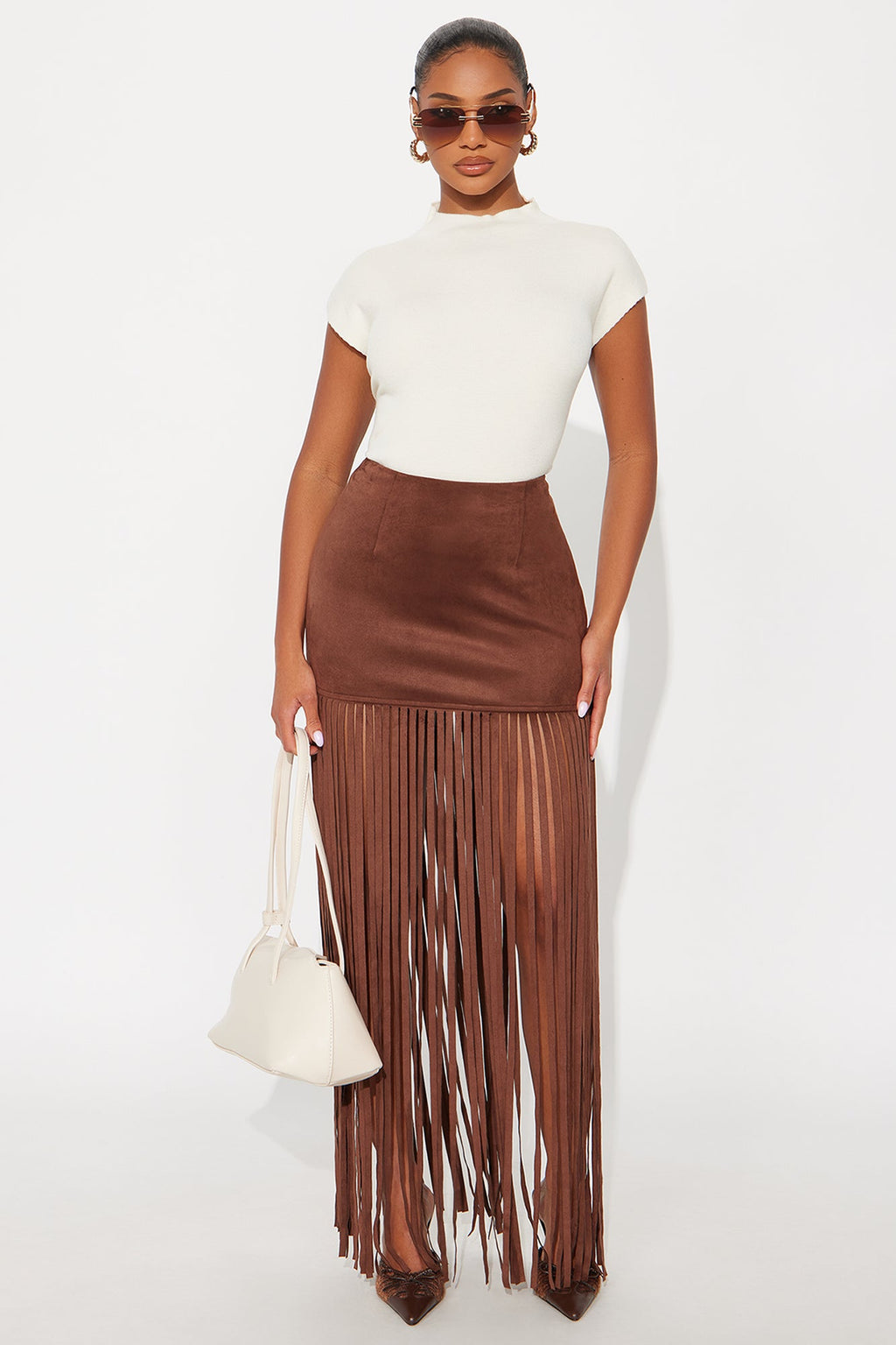 On The Fringe Faux Suede Maxi Skirt - Brown