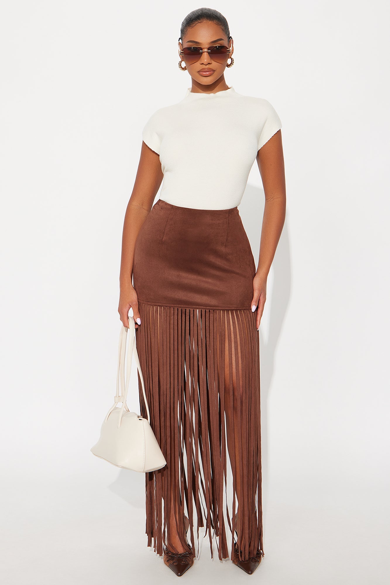 On The Fringe Faux Suede Maxi Skirt - Brown