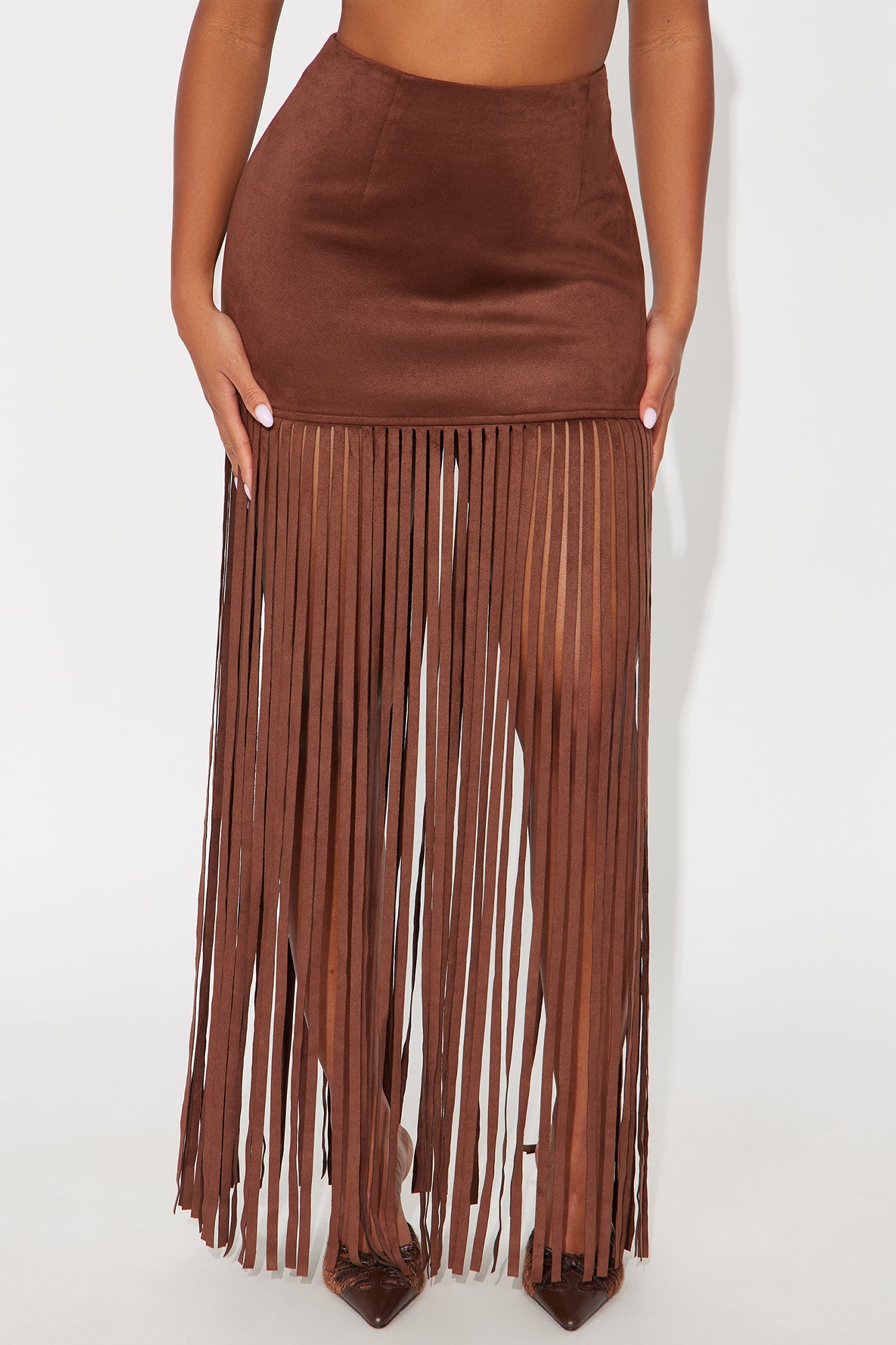 On The Fringe Faux Suede Maxi Skirt - Brown