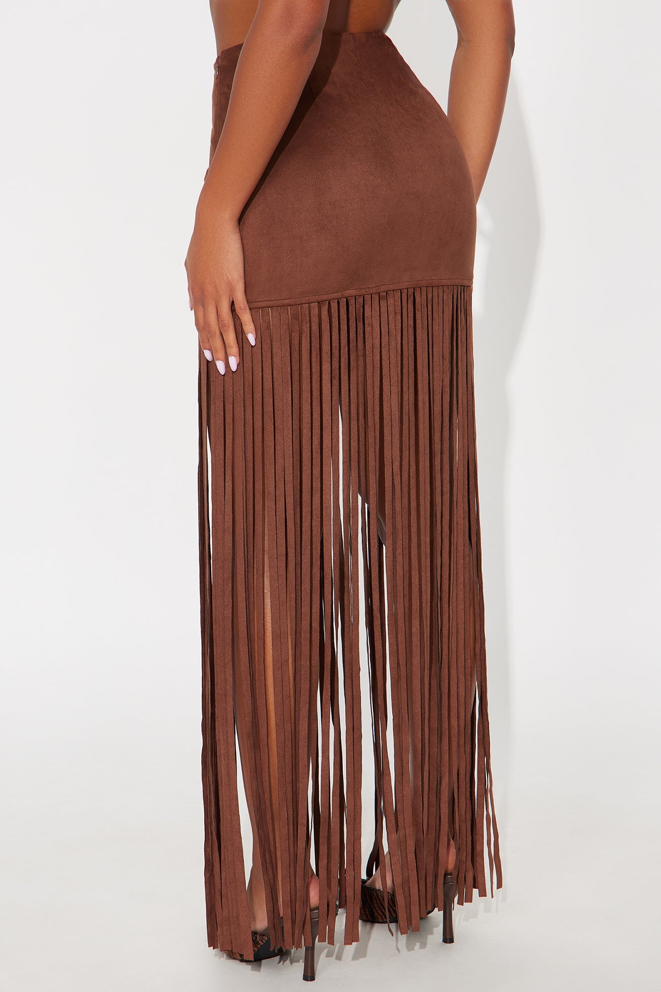 On The Fringe Faux Suede Maxi Skirt - Brown