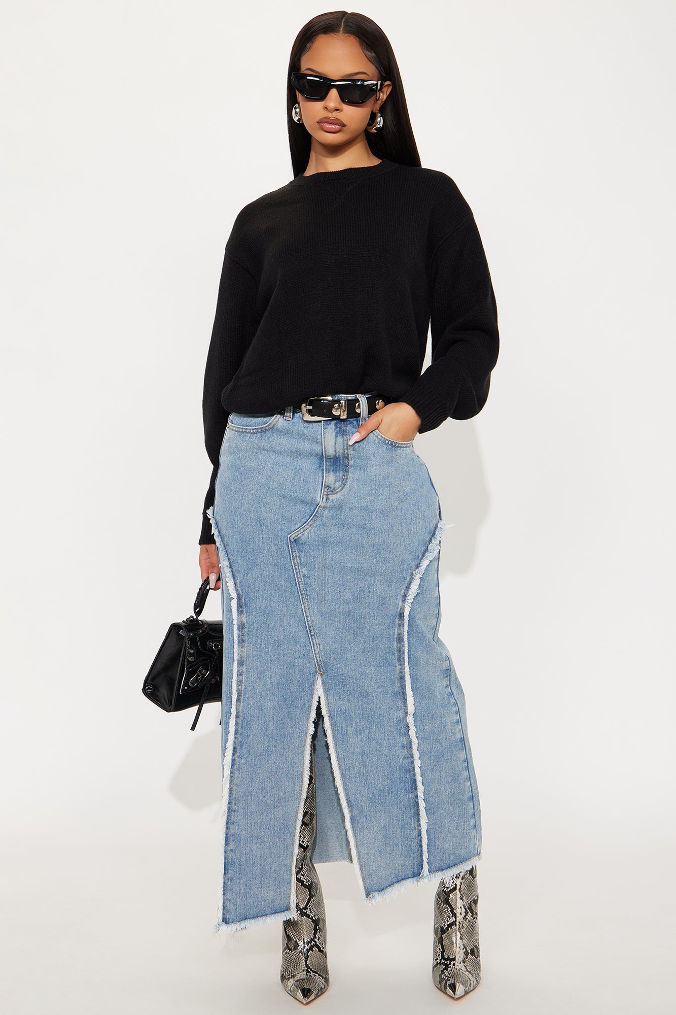 Skylar Asymmetrical Denim Maxi Skirt - Vintage Wash