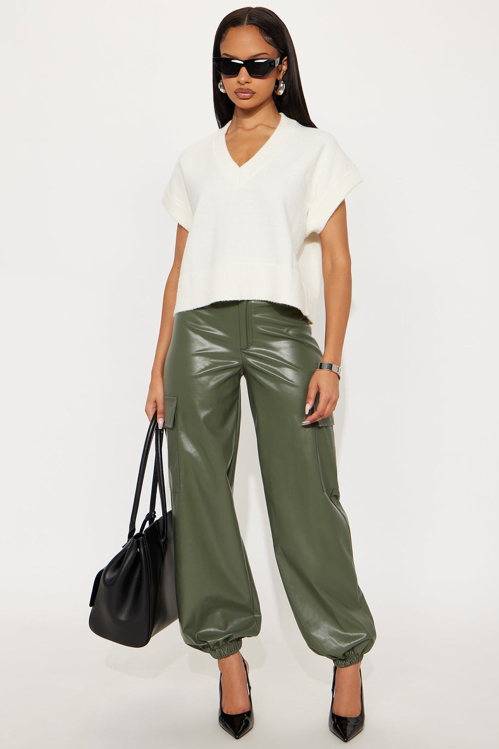 Velma Faux Leather Jogger Pants 29″ - Olive