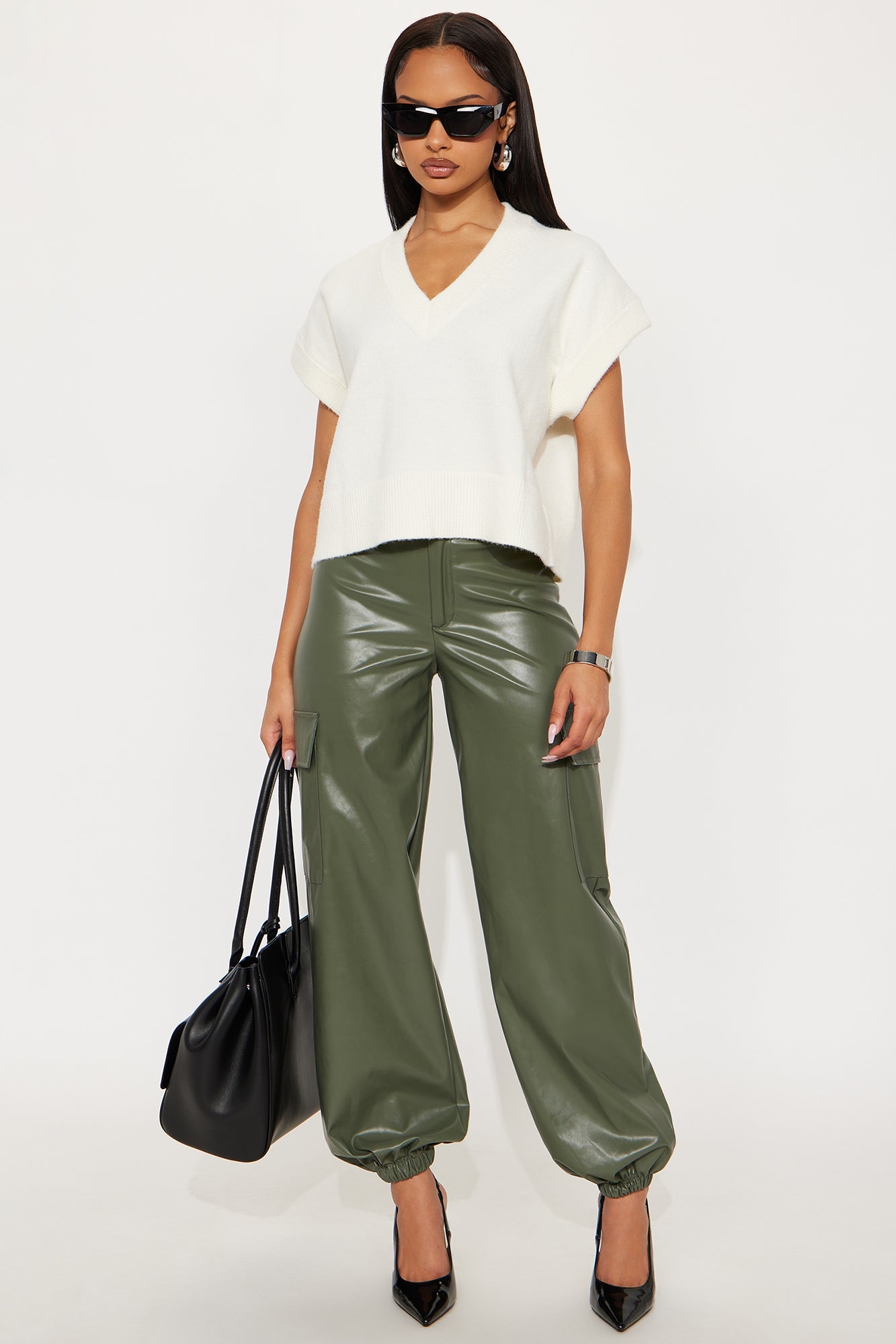 Velma Faux Leather Jogger Pants 29″ - Olive