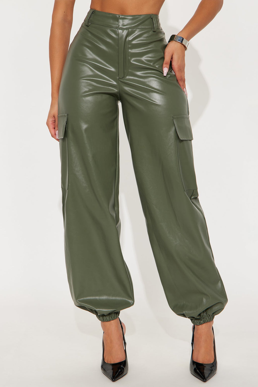 Velma Faux Leather Jogger Pants 29″ - Olive