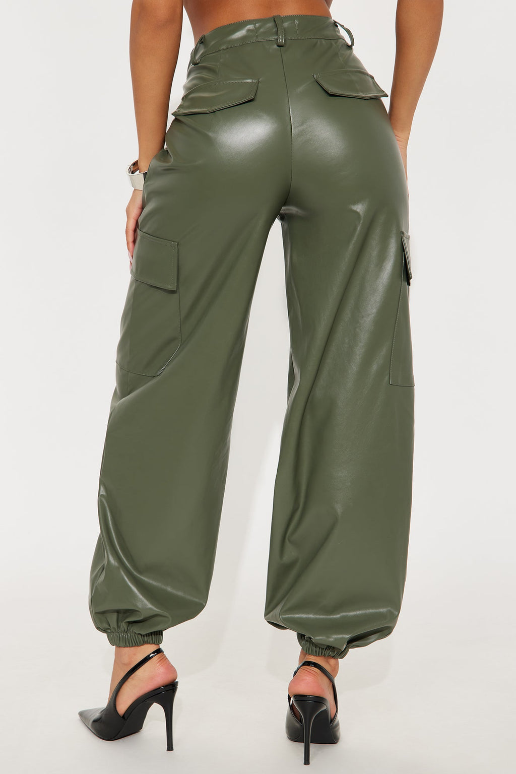 Velma Faux Leather Jogger Pants 29″ - Olive
