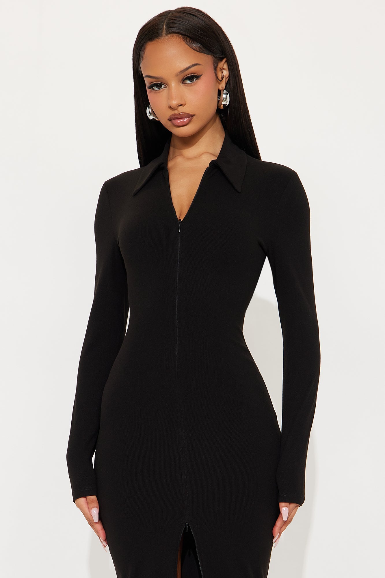 Ariela Ribbed Long Sleeve Midi Dress - Black