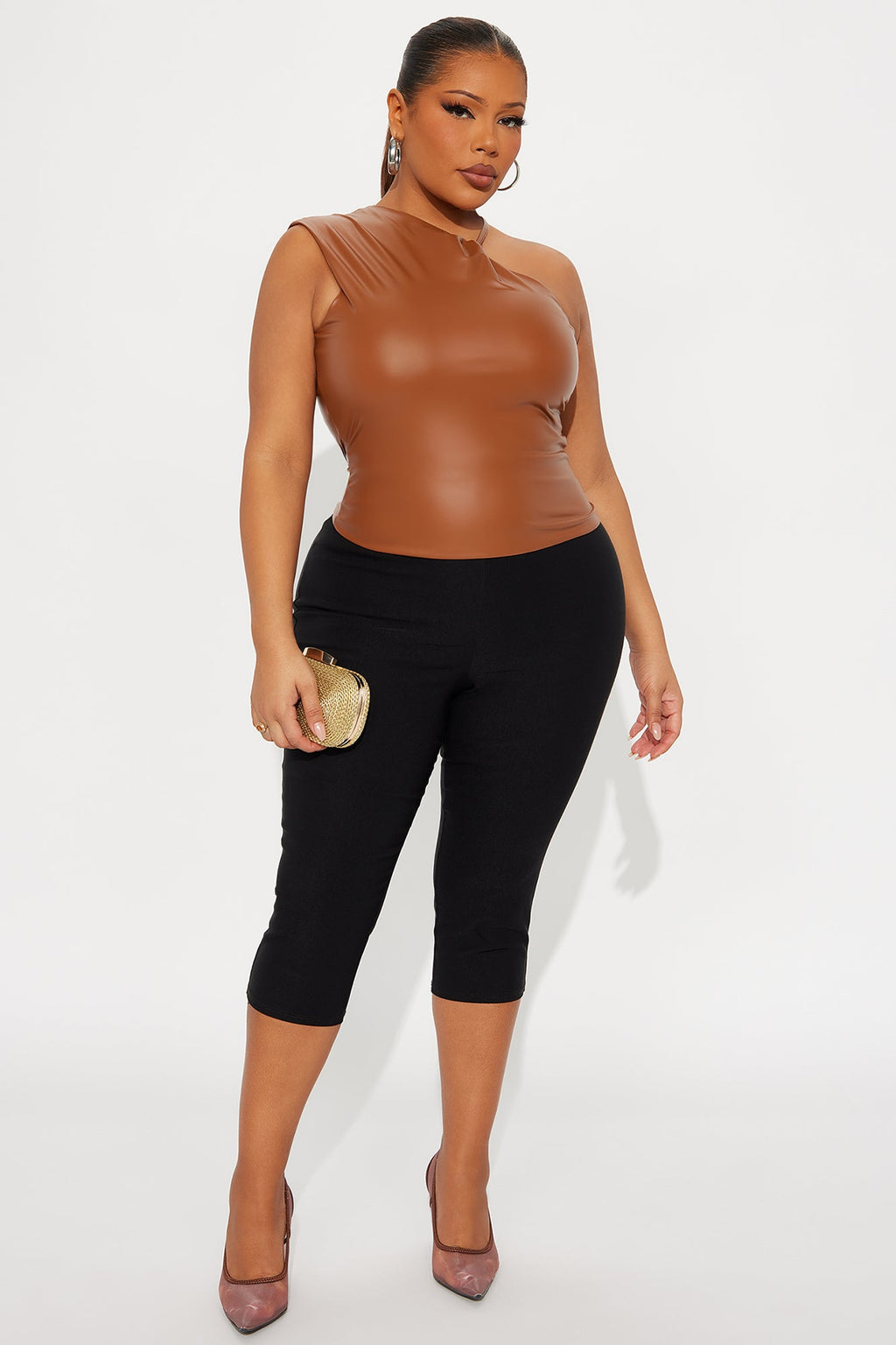 Lesson Learned High Neck Faux Leather Top - Mocha