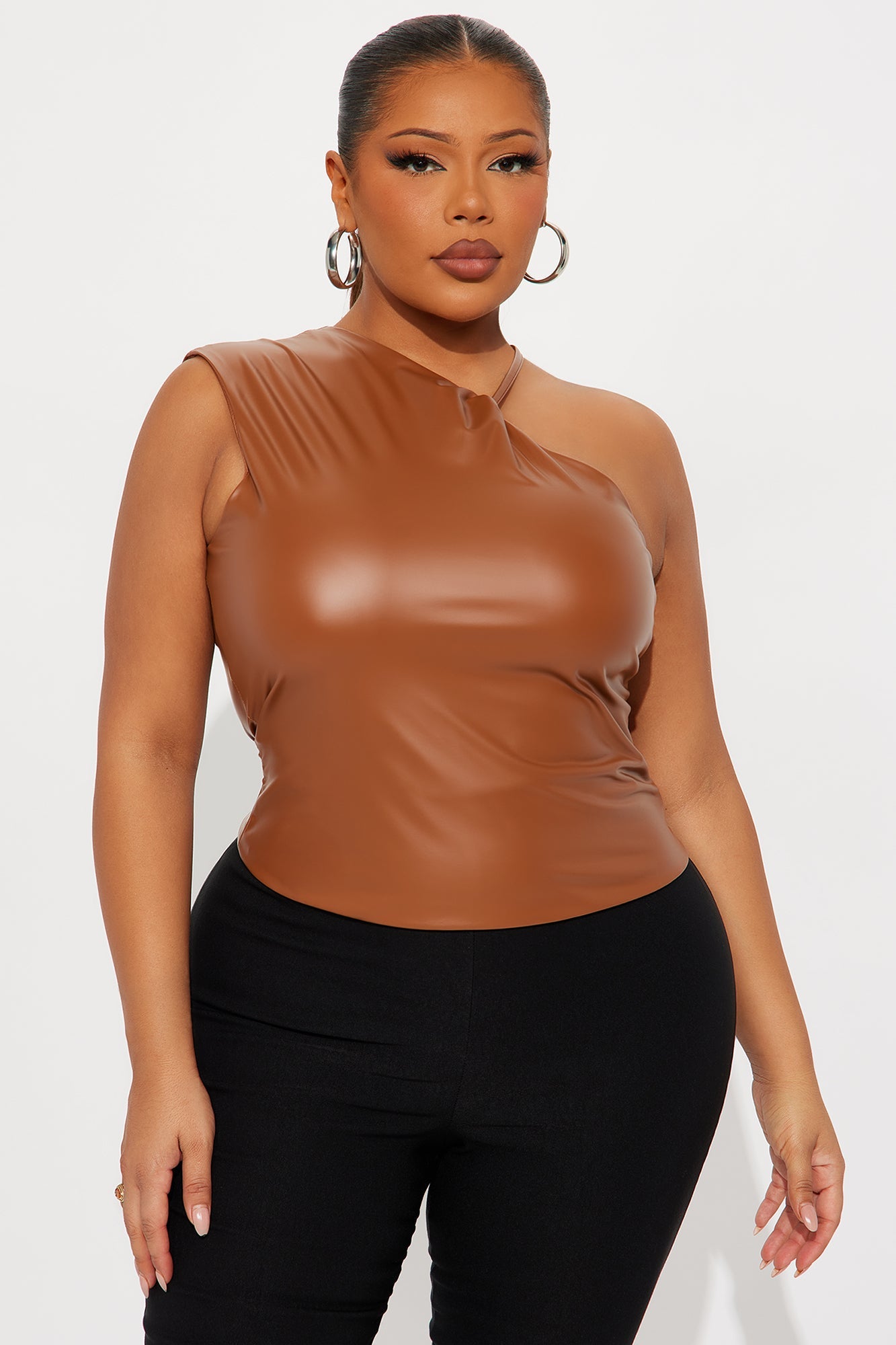 Lesson Learned High Neck Faux Leather Top - Mocha