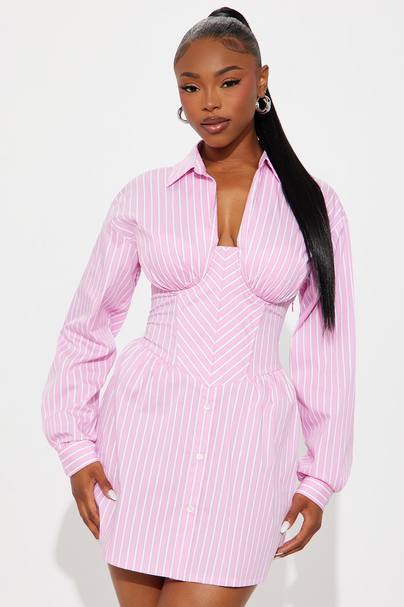 Carly Collar Pinstripe Shirt Mini Dress - Pink