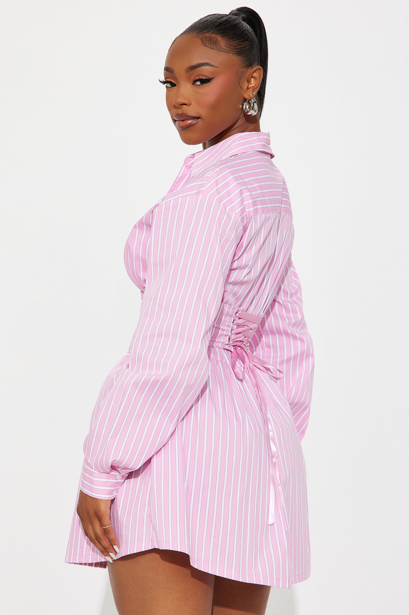Carly Collar Pinstripe Shirt Mini Dress - Pink