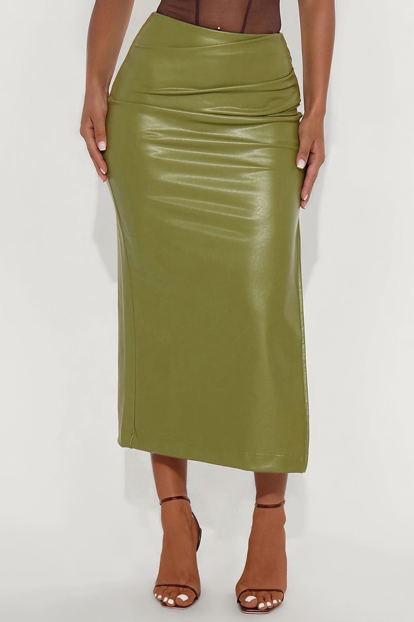 By The Corner Faux Leather Midi Skirt - Olive