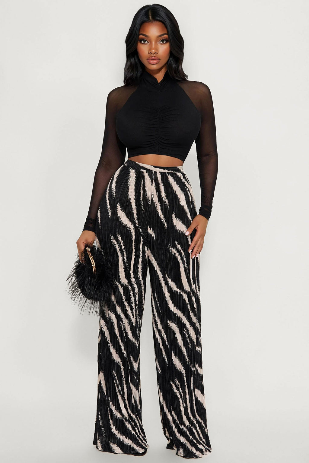 In The Tropics Plisse Wide Leg Pant 33″ - Black/combo