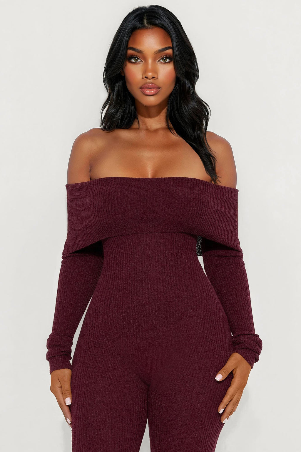 Just For Me Sweater Off Shoulder Skinny Leg Jumpsuit - Wine