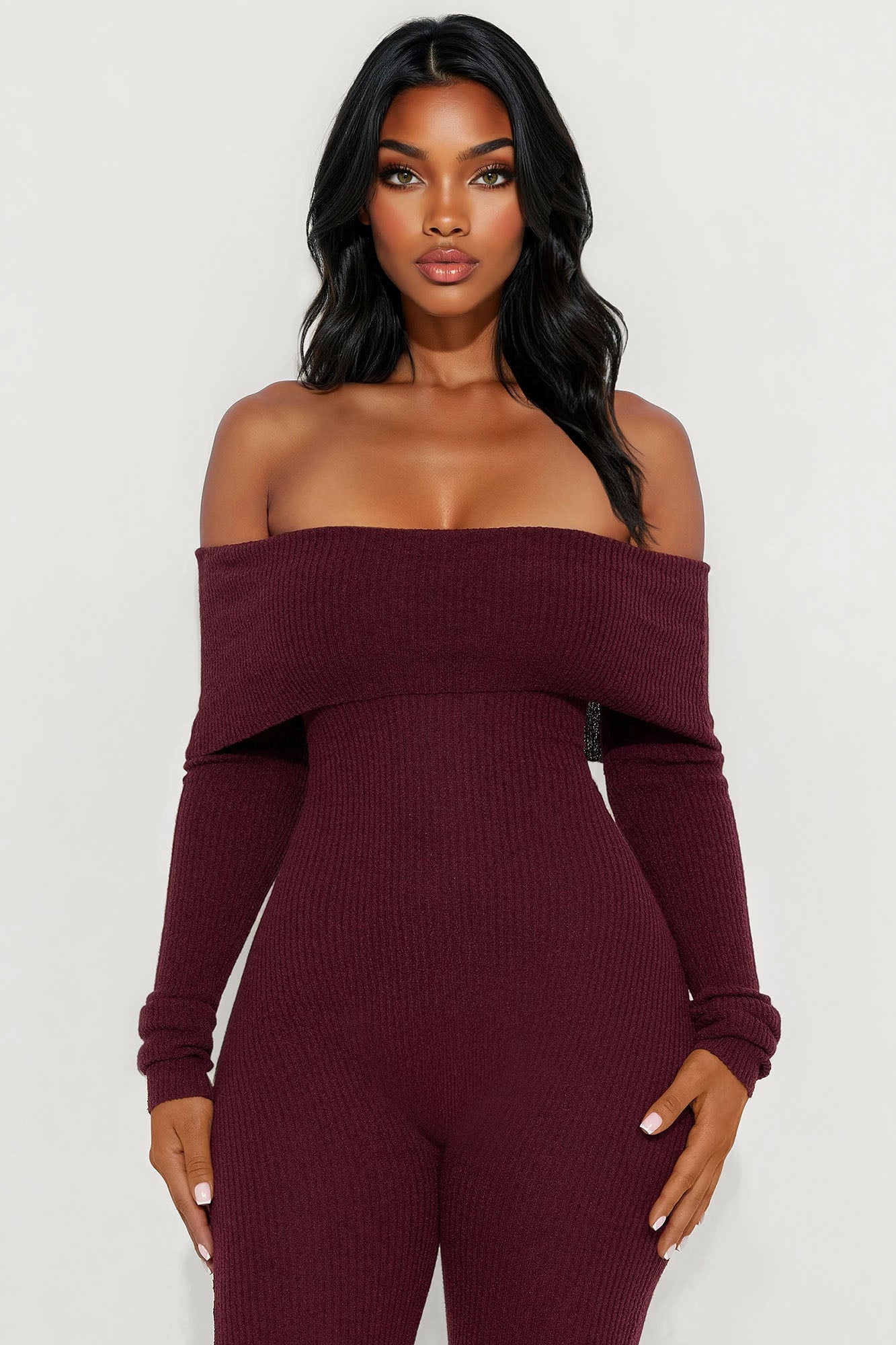 Just For Me Sweater Off Shoulder Skinny Leg Jumpsuit - Wine