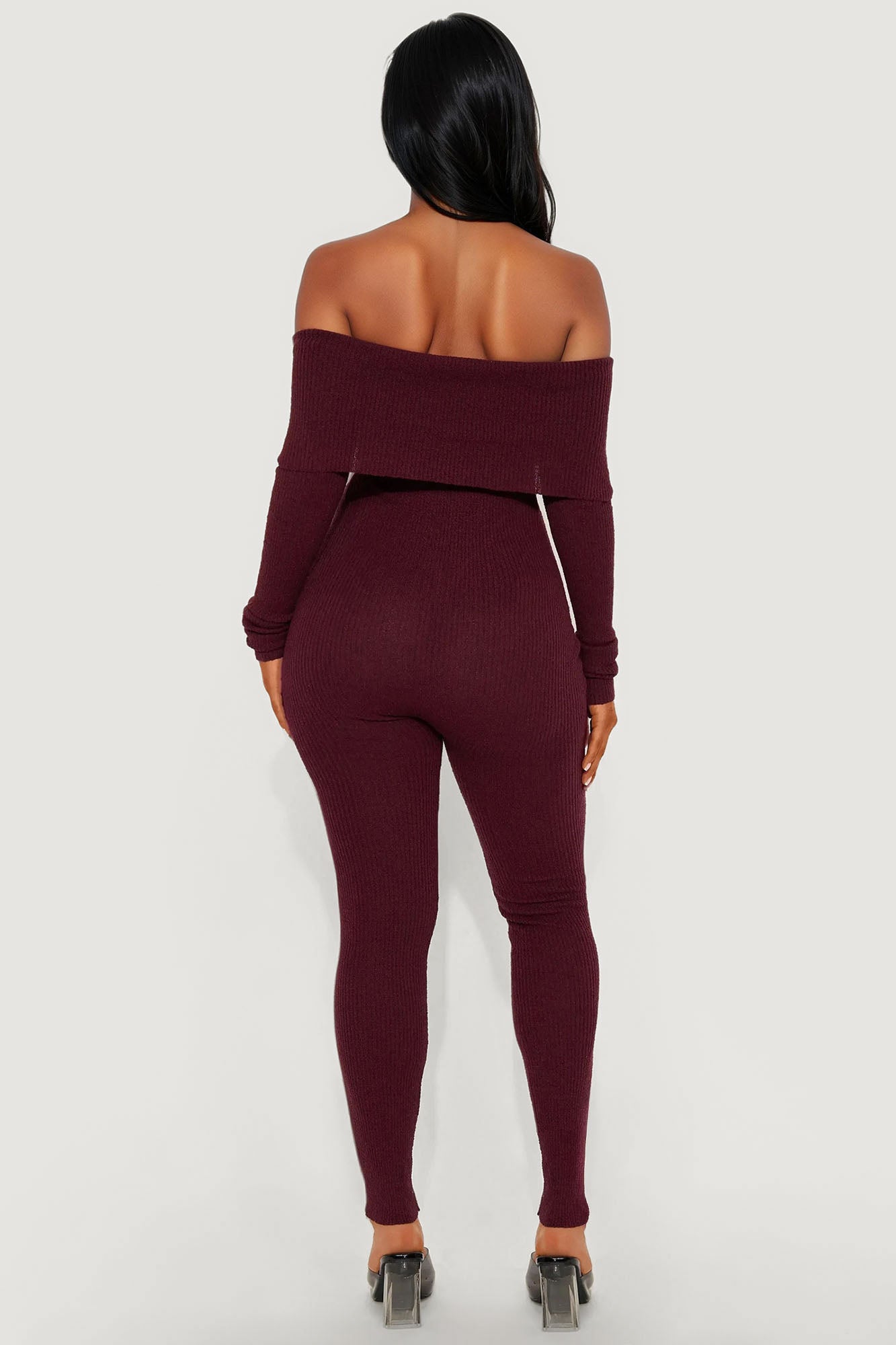 Just For Me Sweater Off Shoulder Skinny Leg Jumpsuit - Wine