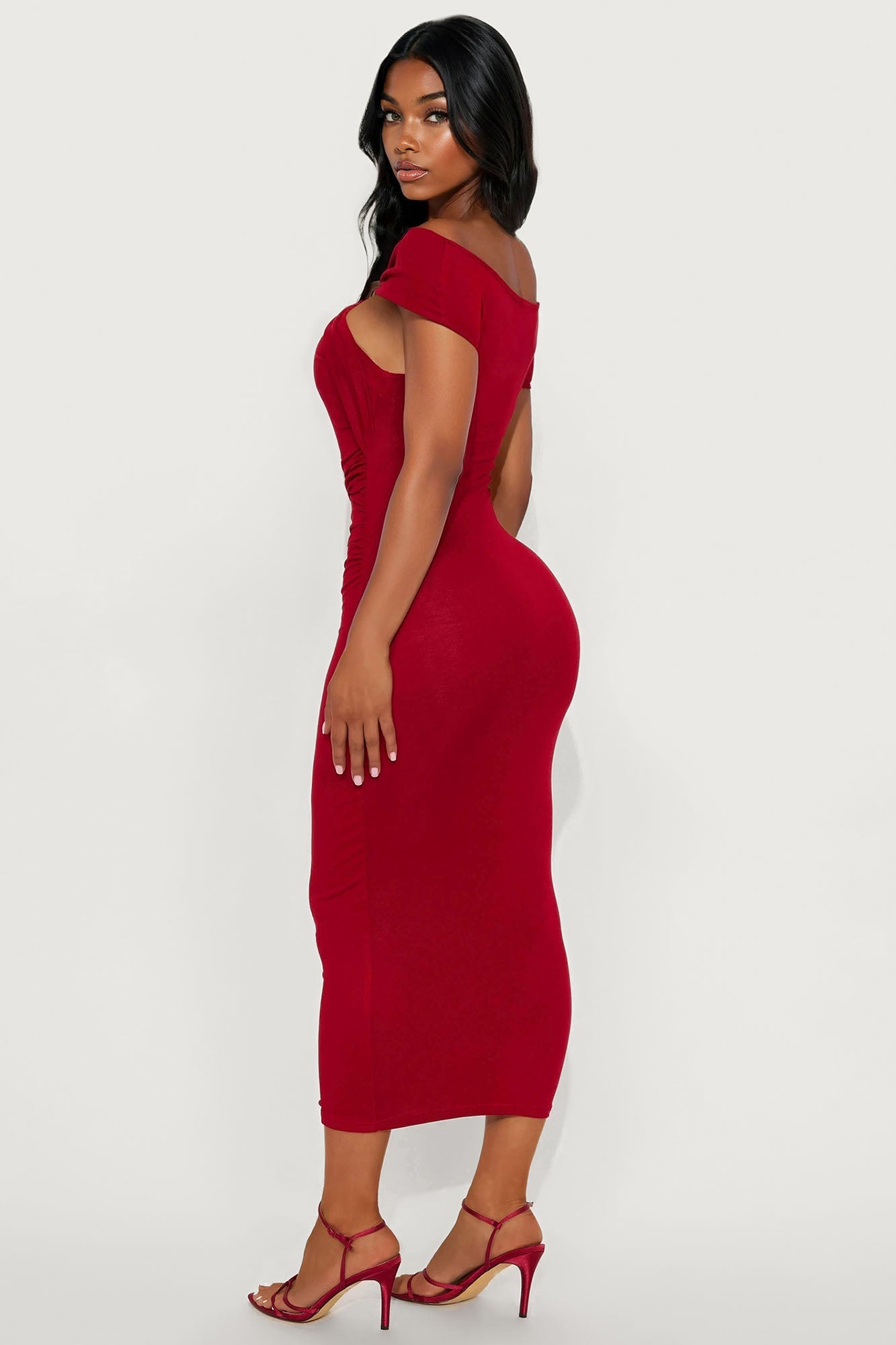 Endless Possibilities Ruched Off Shoulder Midi Dress - Wine
