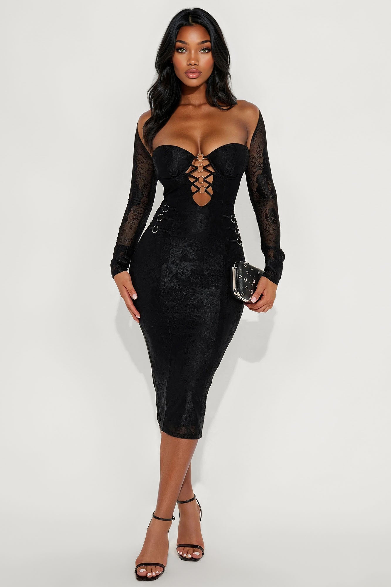 Liliana Lace Long Sleeve Midi Dress - Black