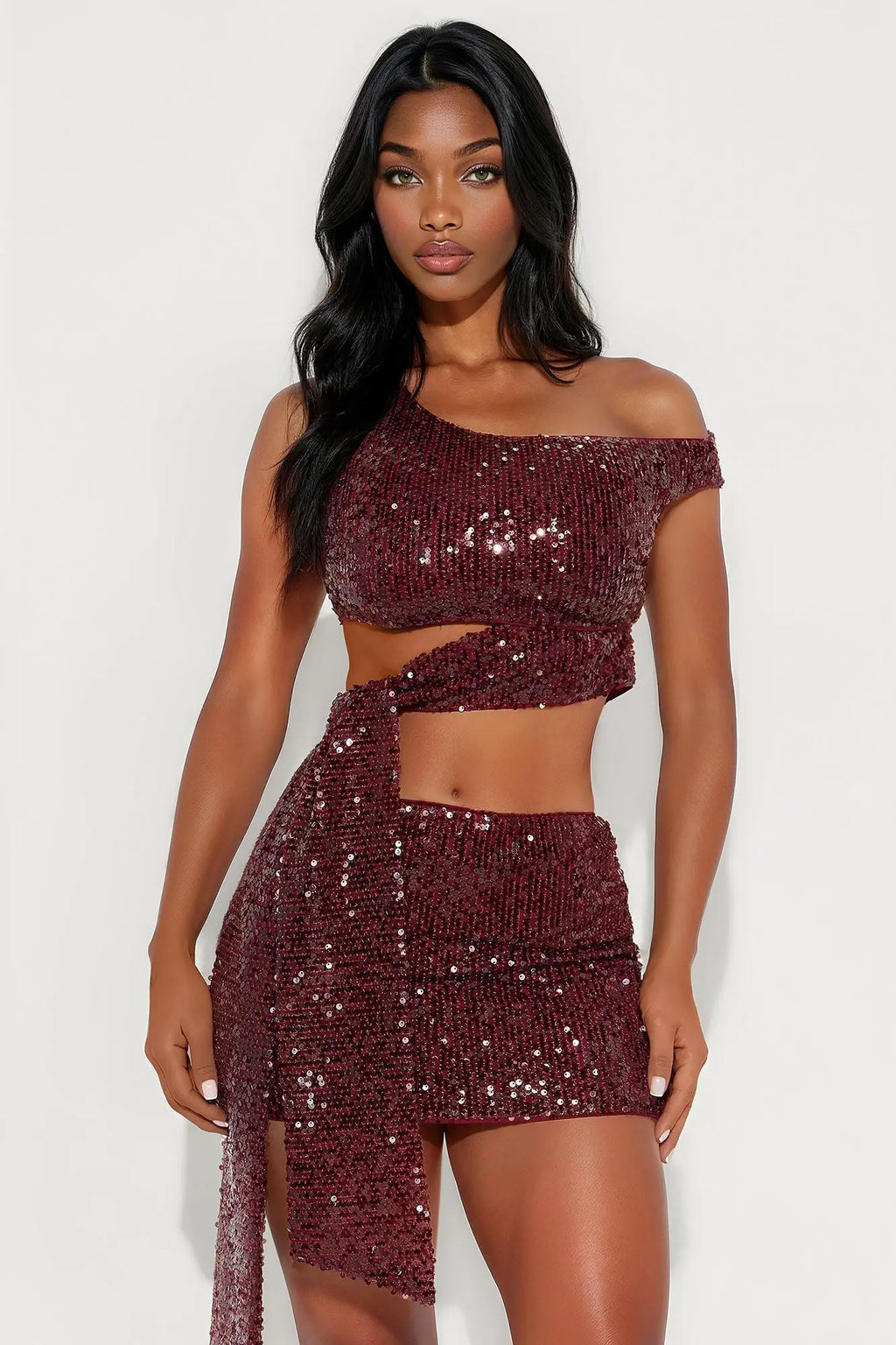 Dazzle Me One Shoulder Sequin Skirt Set - Wine 