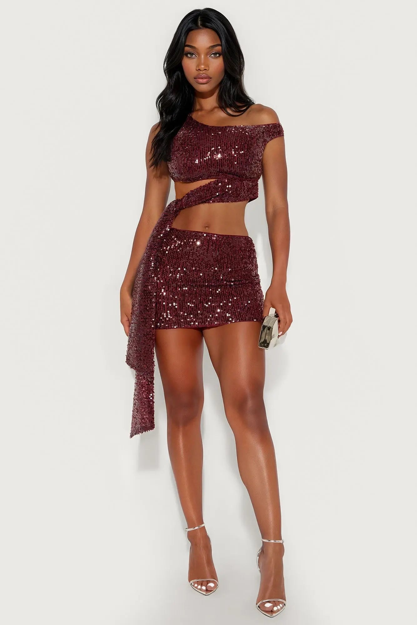 Dazzle Me One Shoulder Sequin Skirt Set - Wine 