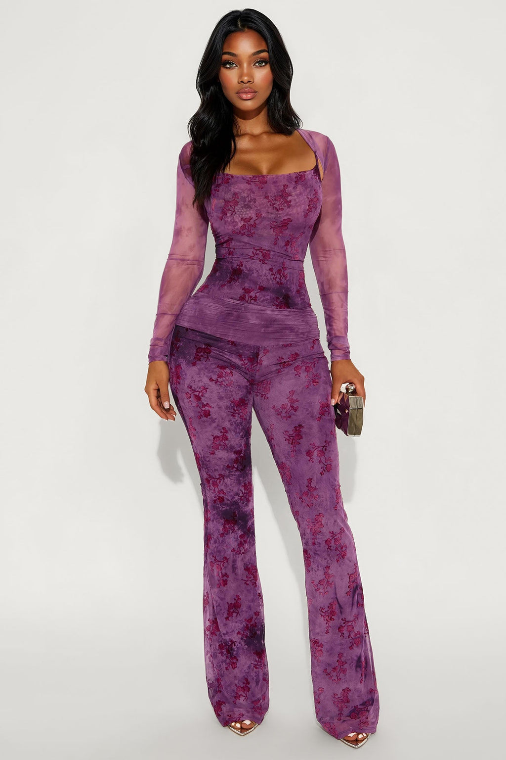 Lorie Mesh 2 Piece Jumpsuit - Burgundy