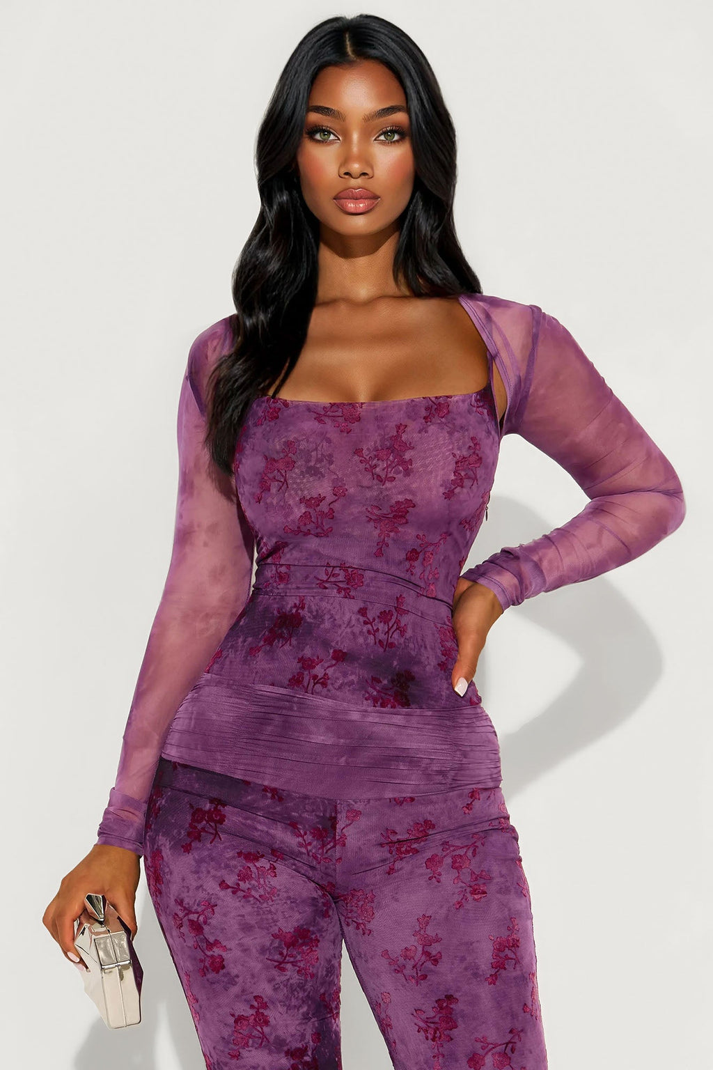 Lorie Mesh 2 Piece Jumpsuit - Burgundy