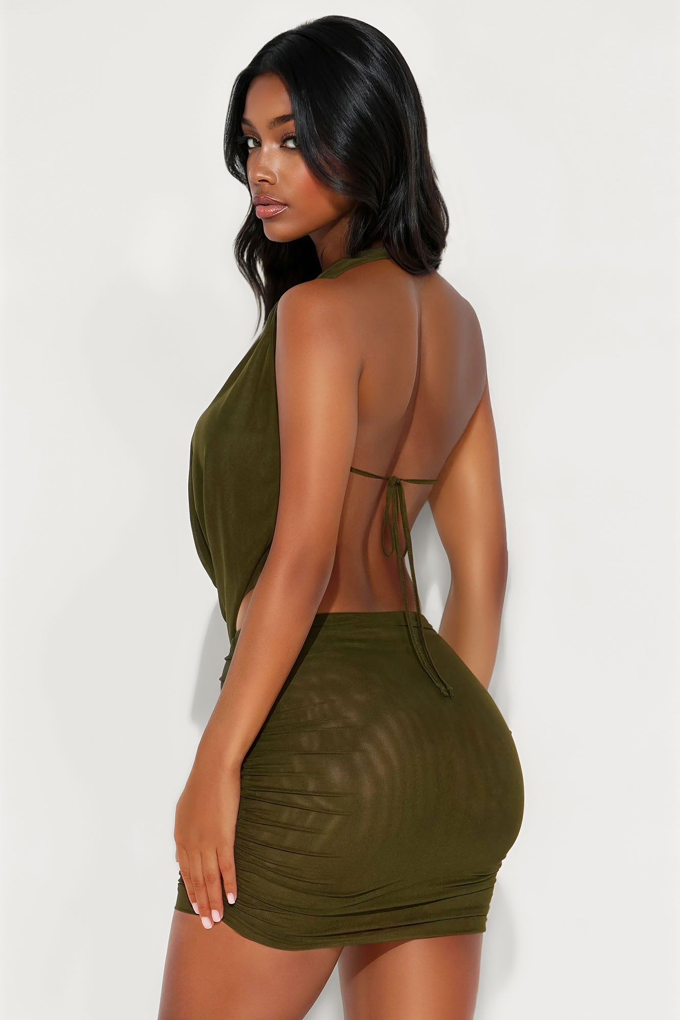 Shayna Cowl Halter Mesh Mini Skirt Set - Dark Olive