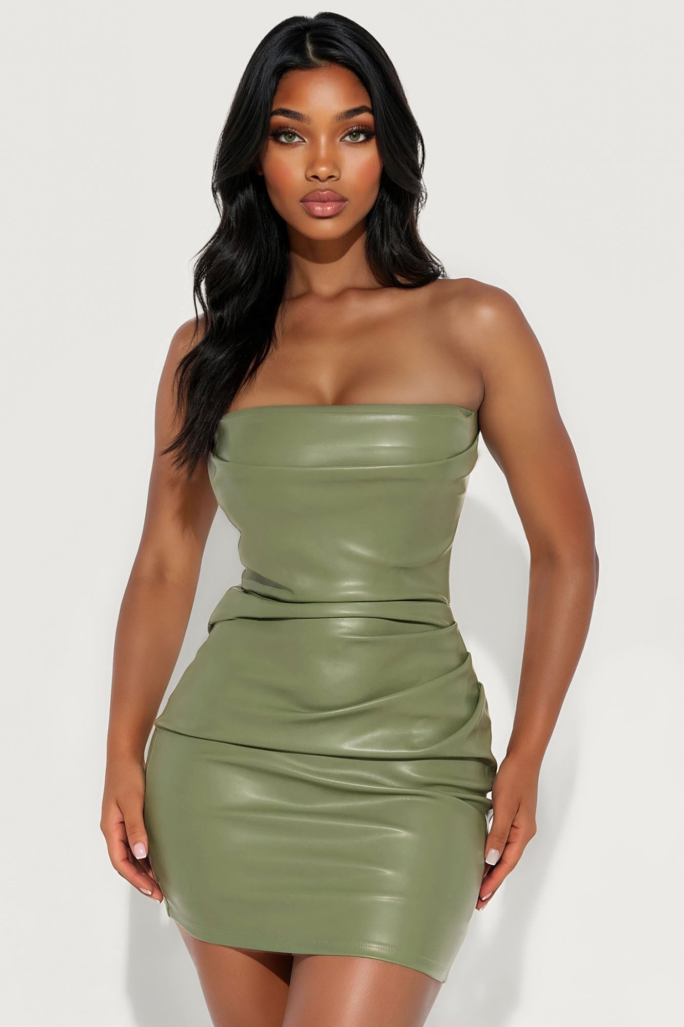 Josie Strapless Faux Leather Mini Dress - Olive