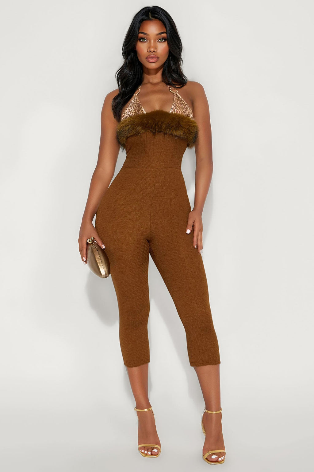Haute Seduction Faux Fur Trim Capri Jumpsuit - Brown/combo