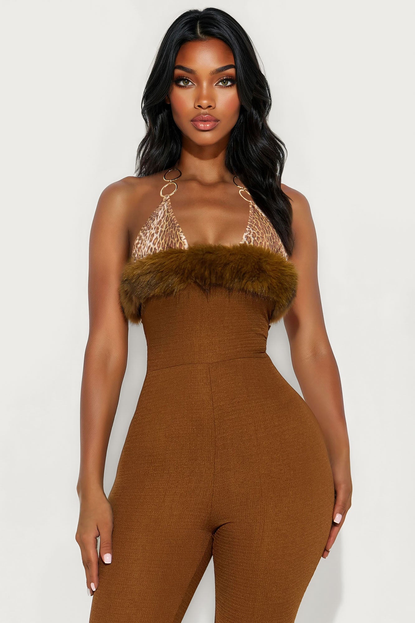 Haute Seduction Faux Fur Trim Capri Jumpsuit - Brown/combo