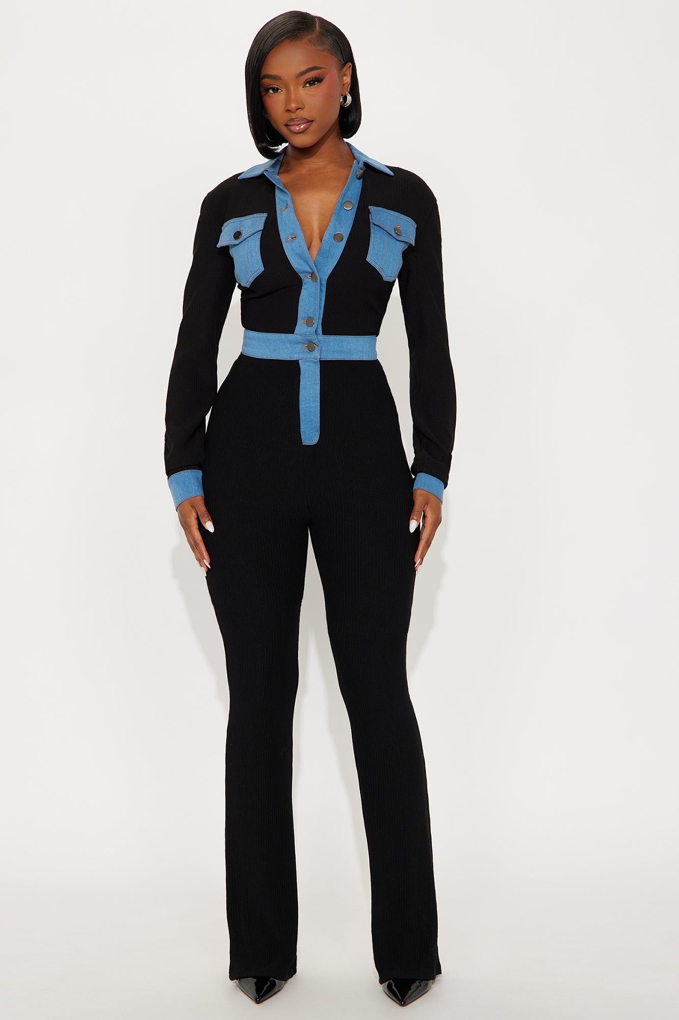 Over You Ribbed Long Sleeve Jumpsuit - Black/Blue