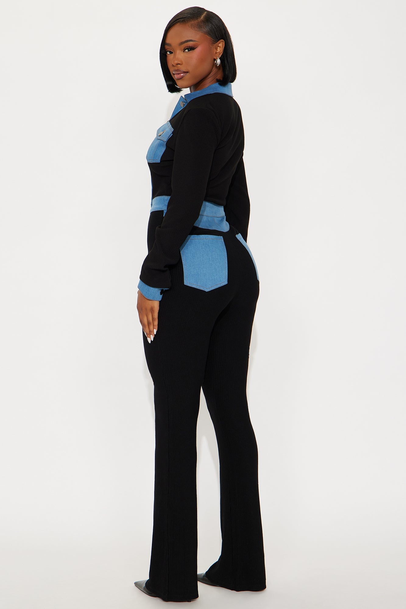 Over You Ribbed Long Sleeve Jumpsuit - Black/Blue