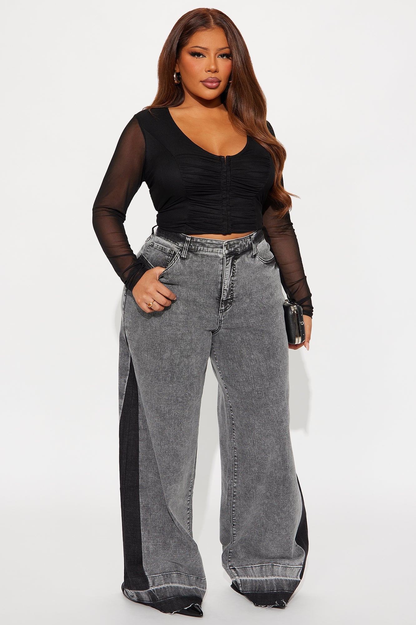Think Twice Stretch Wide Leg Jeans - Black Wash