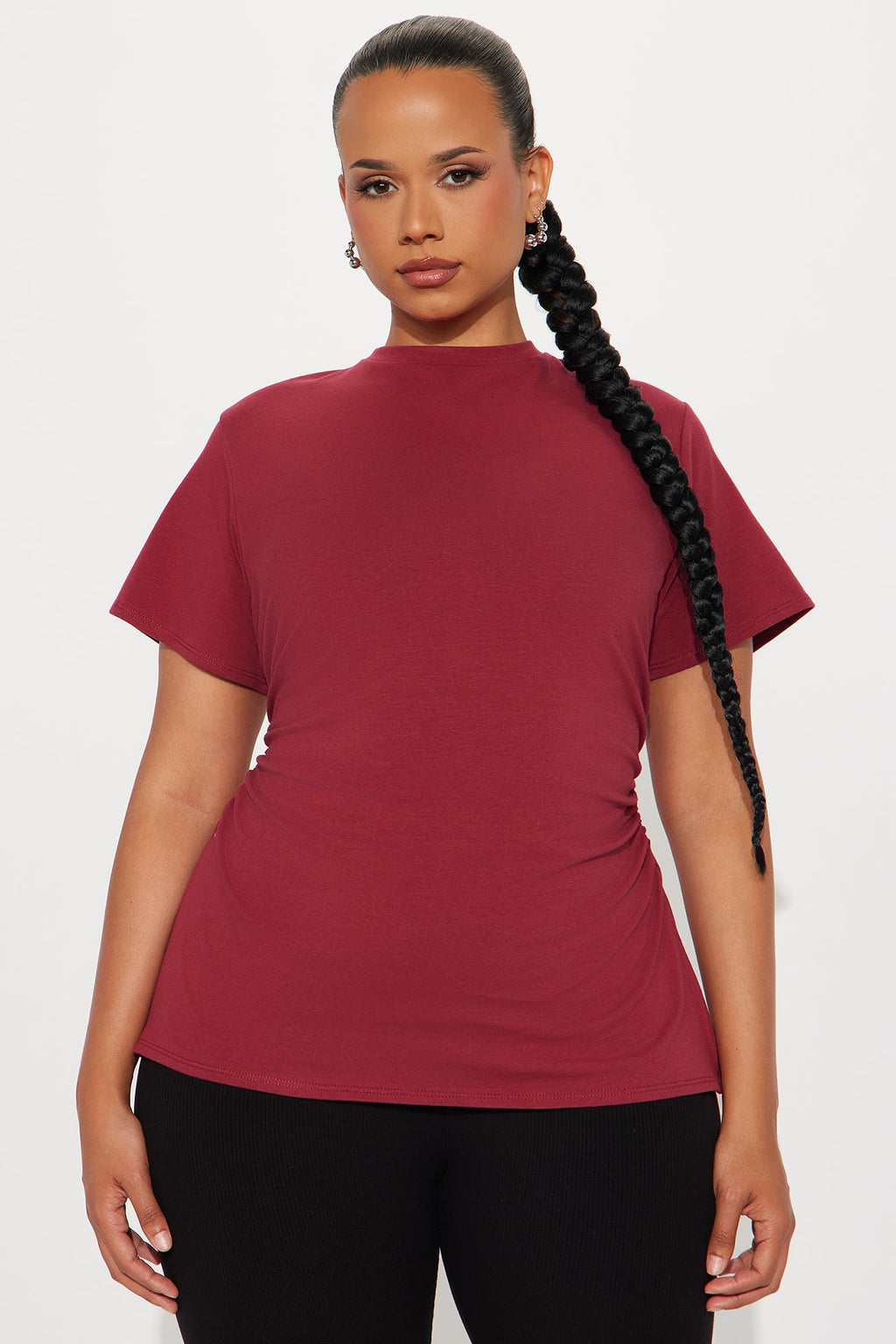 Simply Me Ruched Short Sleeve T-Shirt - Burgundy