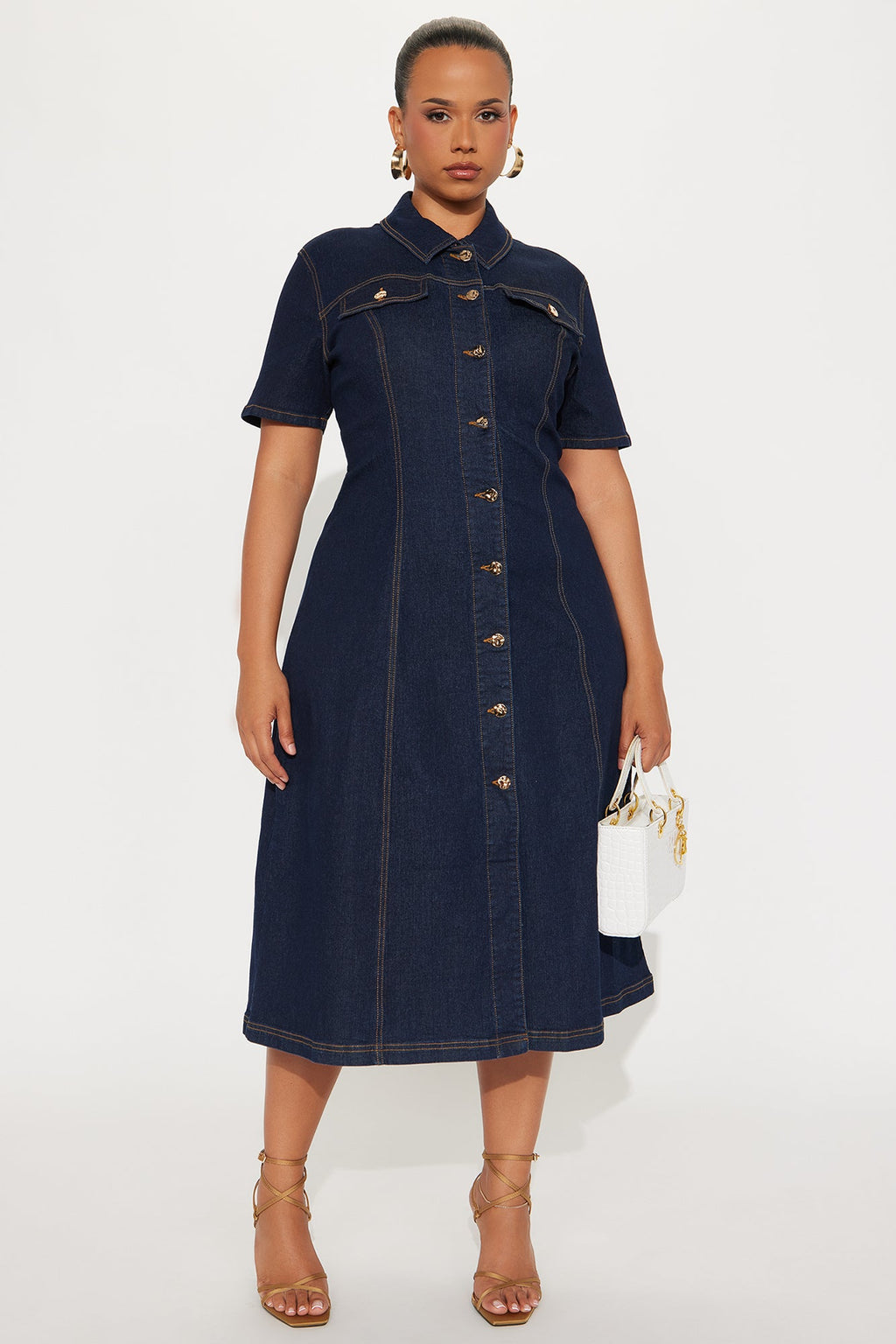 Deandra Denim Stretch Short Sleeve Midi Dress - Dark Denim