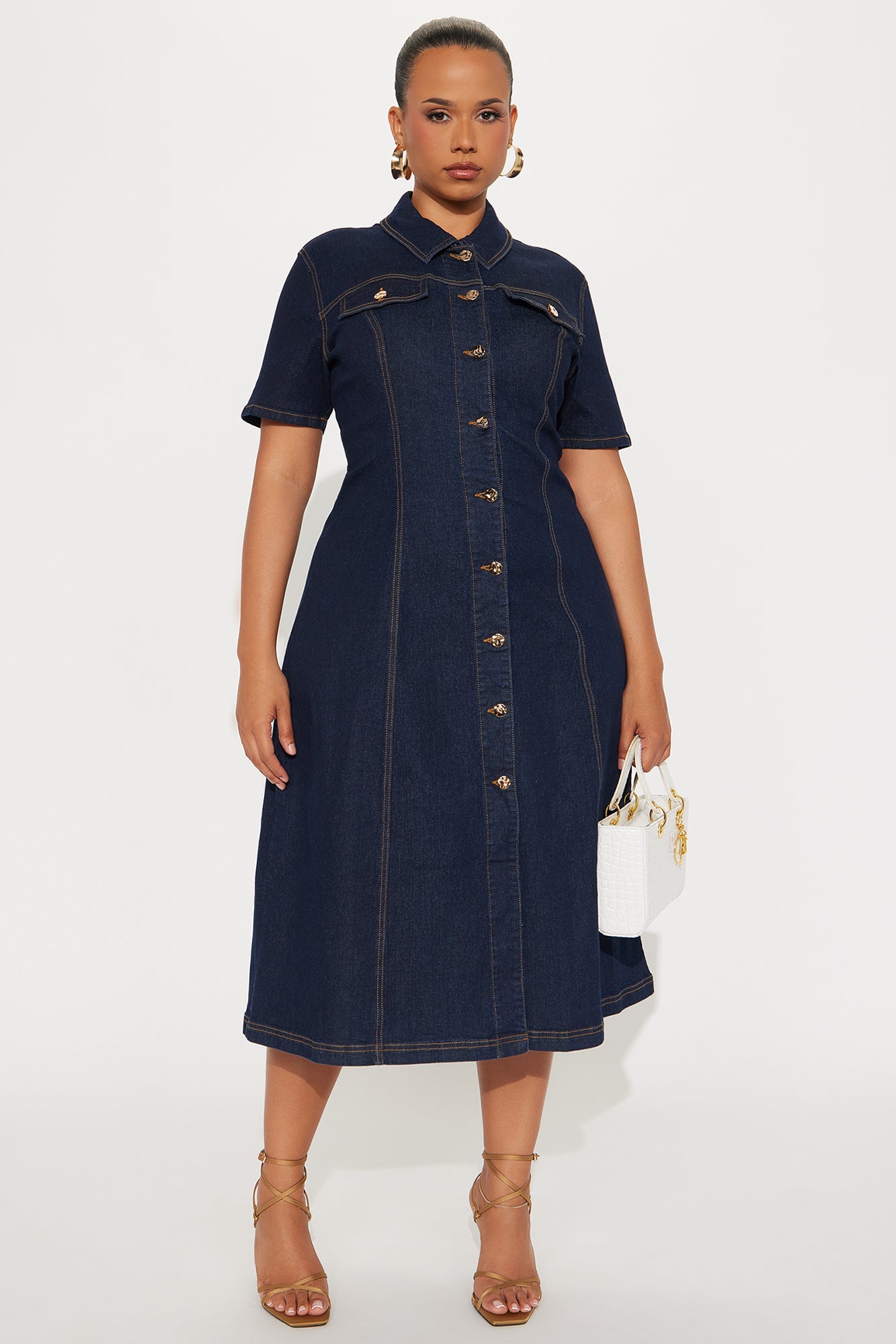Deandra Denim Stretch Short Sleeve Midi Dress - Dark Denim